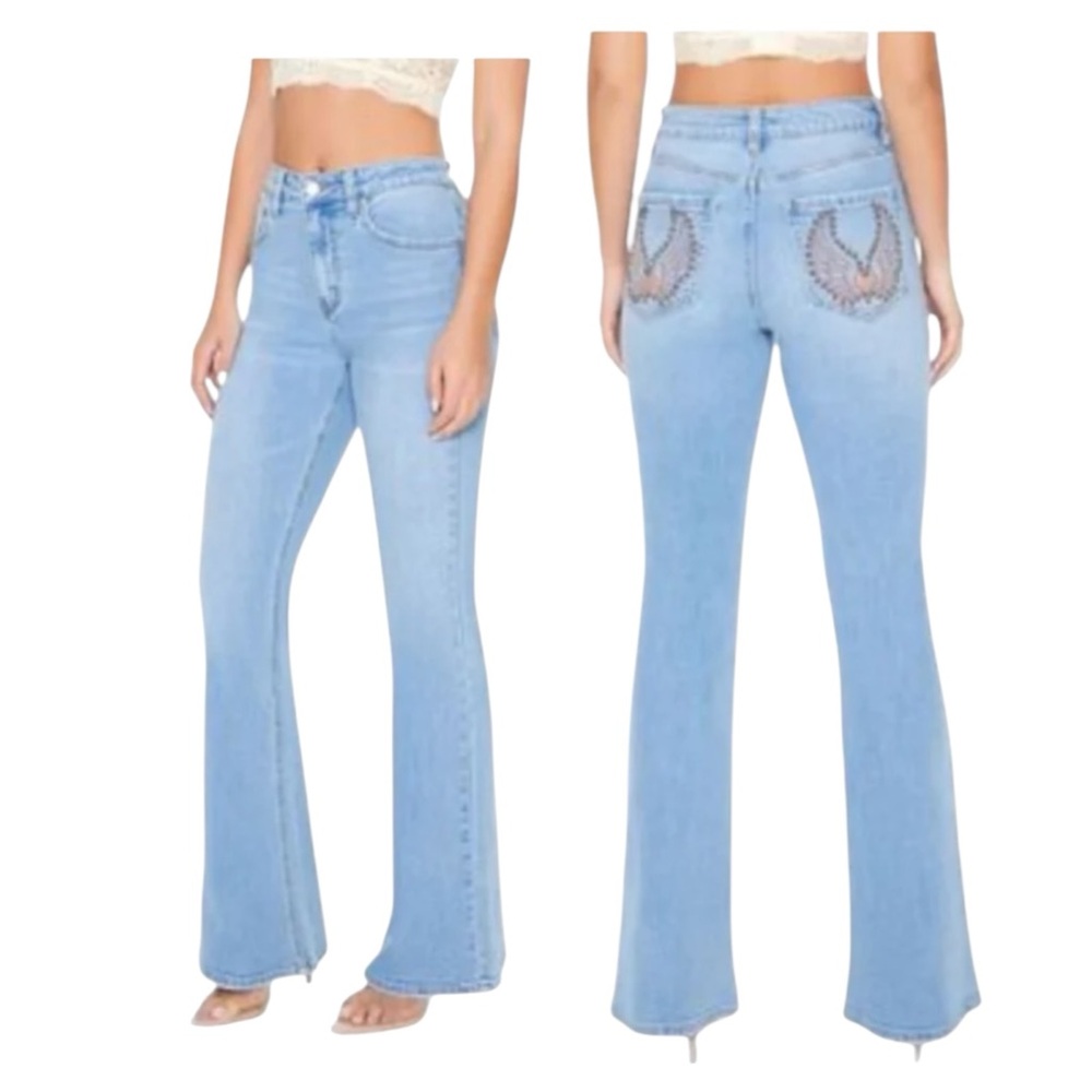 Forever 21 Mid-Rise Waist Slim Fit Studded Angel Wing Flare Leg Jeans Size 27
